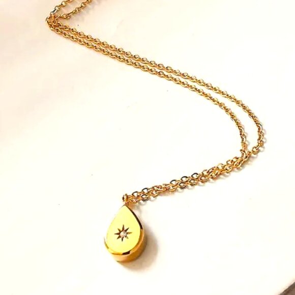 DAINTY OVAL TEARDROP PENDANT WITH CZ SMOOTH SURFACE ON FINE GOLD CHAIN 18K DIP - Picture 1 of 1